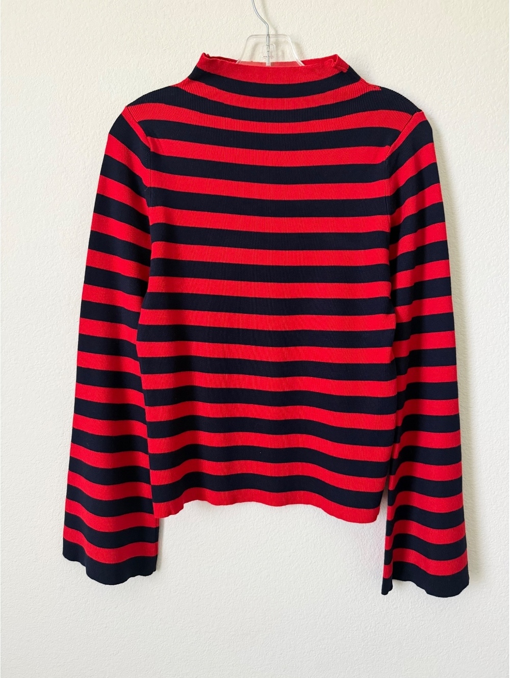 MAEVE Anthropologie Blue/Red Striped Long Bell Sleeve High Neck Sweater Size L